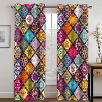 2pcs Boho Mandala Printed Window Curtains For Bedroom Living Room Rod Pocket Drapes For Bathroom Patio Door Windows Home Decor 2x50W130H(CM)&Hook