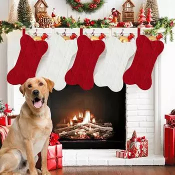 2Pcs Christmas Stockings Large Bone Shape Knitted Dog Christmas Stockings Xmas Tree Hanging красный