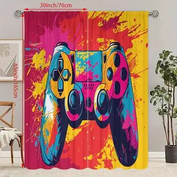 2PCS- Color Game machine - Printed curtain - Polyester material - suitable for bedroom, living room, study, 23Wx59L(60x150CM)x2