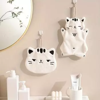 2pcs Cute Cat Hand Towels - Soft, Quick-Dry, Hanging Design with Loop, Adorable Cartoon Cat Face, Perfect for Bathroom, Kitchen, or Outdoor Use 2pcs