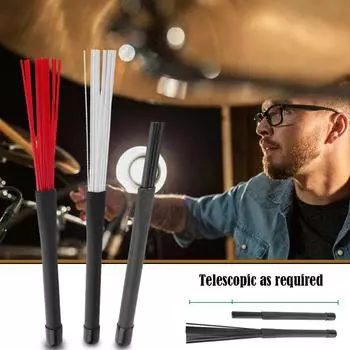 2pcs Drumsticks Nylon Bristle Retractable Drum Instrument Brush Rubber Handle Replacement Cleaning Tool Percussion Accessories белый