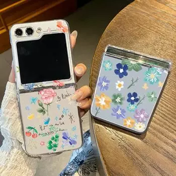 2PCS Foldable Clear Phone Case for Samsung Z Flip6 Flip5 Flip4 Flip3 Cartoon Colorful Love Hearts Flower Pattern Slim Shockproof Pc Hard Cover Samsung Z Flip6