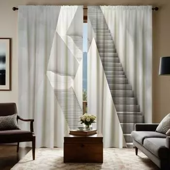 2pcs HD abstract geometric staircase decorative curtain White tie digital printed curtain Home decoration style Decoration li W52H63inchW132H160cm