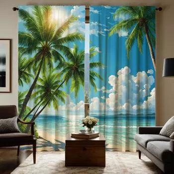 2pcs HD Aegean Sea view coconut tree decorative curtain Green tie digital printed curtain Home decoration style Decoration li W52H63inchW132H160cm