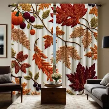 2pcs HD Chinese style embroidery Maple leaf decorative curtain Red tie digital printed curtain Home decoration style decorati W52H63inchW132H160cm