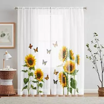 2pcs HD digital yellow sunflower printed window screen Home Decorating Style Decorating Living Room Bedroom Rodding Curtain Effe W52H63inchW132H160cm