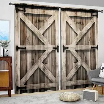 2pcs Light Colour Wooden Door Printed Curtain for Home Decor-Rod Pocket Window Treatment for Bedroom,Office, Kitchen,Living Room 52.5cmX116cm2pcs