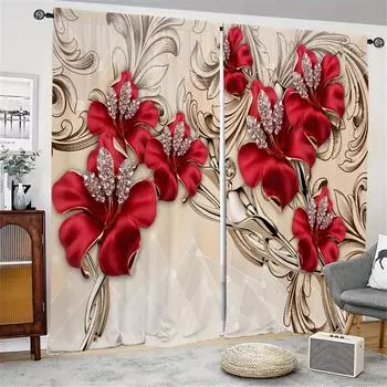 2pcs Luxury Swan Red Golden Flower Pattern Printed Curtain Home Decor Rod Pocket Curtain For Bedroom Living Room Home Decor 2x50W130H(CM)&Grommet Top