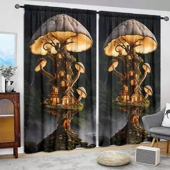 2pcs Mushroom House Pattern Printed Curtain for Home Decor - Rod Pocket Window Treatment for Bedroom, Office, Kitchen 52.5cmX116cm X 2pcs