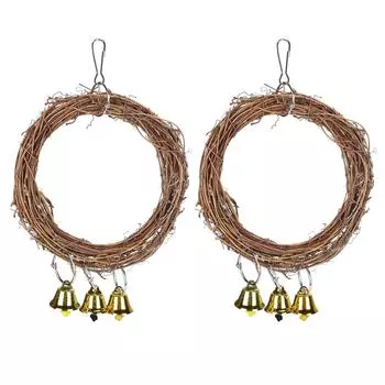 2Pcs Parrots Swing with Bells Natural Rattan Hanging Chewing Biting Toys Birds Supplies