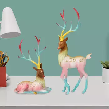 2Pcs Reindeer Figurine Elk Sculpture Ornaments Modern Deer Statue for Bookshelf