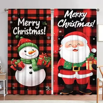 2pcs Santa Claus and Snowman Printed Curtain for Christmas Home Decor - Rod Pocket Window Treatment for Bedroom, Office, Kitchen 52.5cmX116cm X 2pcs