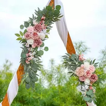 2Pcs/Set Arch Front Door Artificial Flowers Backdrop Wall Peony Garland Wedding Rustic Welcome Sign Silk белый/розовый