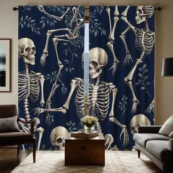 2pcs set HD Halloween Skull Skeleton green leaf curtain Black tie digital printed curtain Home Decor style Decorate living ro W52H63inchW132H160cm