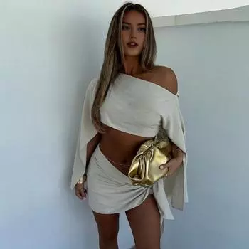 2Pcs/Set Summer Casual Suit Sloping Shoulder Long Sleeve Tops High Waist Lace-up Mini S жёлтый