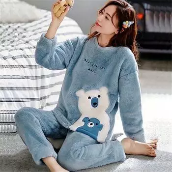 2PCS/Set Thickened Warm Ladies Pyjamas Flannel Autumn Winter Sweet Velvet Long-Sleeved Trousers Bear Outside 2XL розовый