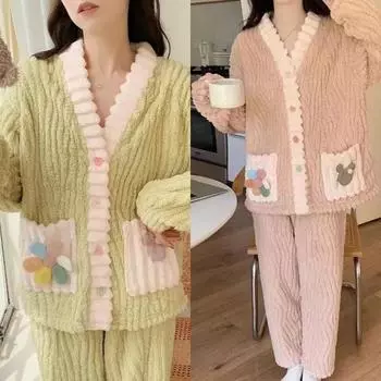 2PCS/Set Thickened Warm Monthly Pregnant Women s Clothing Set Winter Flannel Nursing Pajamas Long Sleeve Homewear one size зелёный