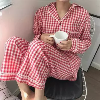 2PCS/Set Women Pajamas Autumn Sweet Cute Wear Pink Plaid Buttons Cardigan Long Sleeve Korean Version Homewear Student Dormitory L чёрный