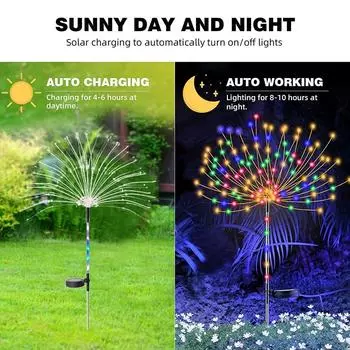 2pcs Solar Firework Light with Rainbow Tube LED Outdoor Solar Garden Light Waterproof Lamp for Pathway Backyard Christmas Decor