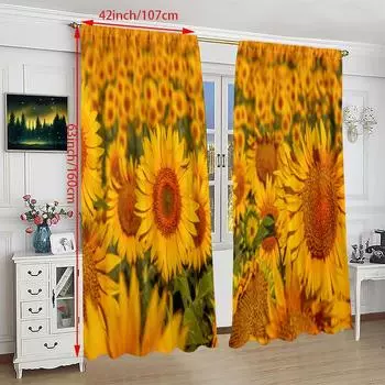 2PCS- Sunflower - Printed curtain - Polyester material - Suitable for bedroom, living room, study (can be customized) 23Wx59L(60x150CM)x2