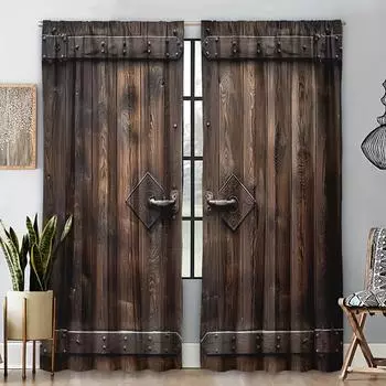 2pcs Vertical Stripe Wood Grain Door Printed Curtain 3D Digital Printing Curtain Household Bedroom Living Room Decor Rod Pocket 2x50W130H(CM)&Rod Pocket