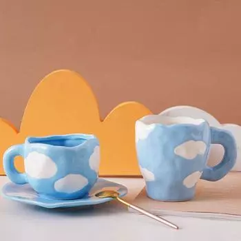 300ml 10oz Korean Style Cute Lovely Ceramic Coffee Mug with Saucer Hand Painted Squeezed Coffee Cup Set Afternoon Tea Set Decor 201-300ml