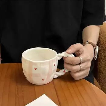 300ml 10oz Korean Style Cute Lovely Fench Ceramic Coffee Mug with Floral Heart Printing Hand Painted Squeezed Coffee Mug 1 Piece 201-300ml