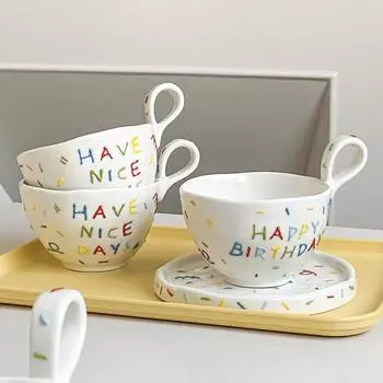 300ml Korean Style Ceramic Coffee Cup Sugar Needle Pattern Breakfast Cup with Handle Heat Insulation Mug Birthday Gift Water Cup 300ml