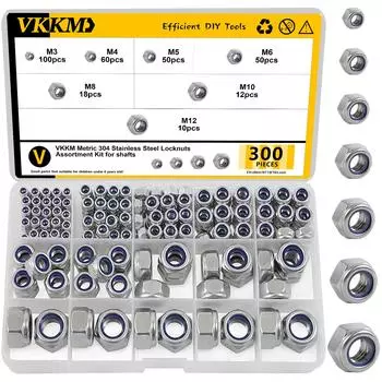 300Pcs stainless steel nylon hex nut combination kit, metric M3-M12 nylon insert nut kit