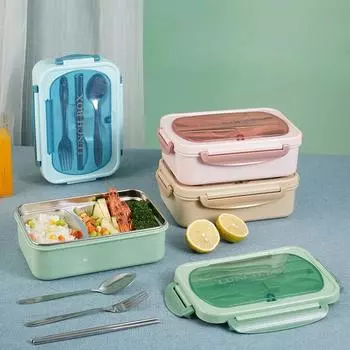 304 Stainless Steel Lunch Box for Kids Portable Compartment Food Storage Containers Microwavable Bento Lunchbox with Tableware синий