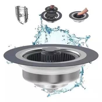 304 Stainless Steel Sink Drain Strainer Stopper 3-in-1 Leak-proof Pop-up Kitchen Fast Drainage Plug Easy Switch Fine Mesh Filter