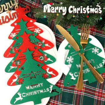 30/3PCS Christmas Cutlery Holder Knife and Fork Pocket Bag Cutlery Cover Star Tree Elk New Year Xmas Party Dinner Table Decor 3PCS зелёный