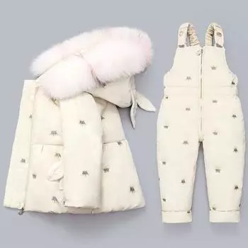 -30° Детские утепленные теплые костюмы-двойки с принтом, повседневное пальто с капюшоном и комбинезон, мягкие комплекты 80 розовый