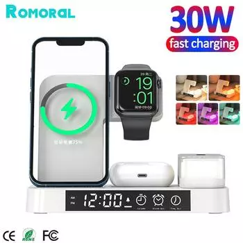 30 Вт 3 в 1 беспроводное зарядное устройство с RGB-подсветкой будильник для Apple Watch 8 7 док-станция для быстрой зарядки для Iphone 14 13 12 NO Plug A37 Black чёрный
