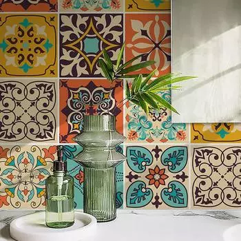 30pcs Bohemian Chic Square Vinyl Wall Decals - Self-Adhesive, Waterproof, Matte Finish, for Ceramic, Living Room, Kitchen, Bedroom Wall Decoration