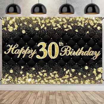 30th 40th 50th Happy Birthday Party Backdrop Black Gold Diamond Background Banner 30th 40th 50th Birthday Party Decoration
