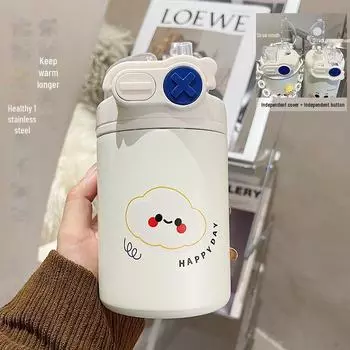316 Stainless Steel Cute Cartoon Thermos Cup with Double Drinking Spout and Straw