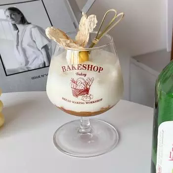 340ML English Letter Glass Wine Cup Korean Goblet Popular Style Juice Dessert Ice Cream Cup Special Whisky Brandy Wine Beer Glas 340ML