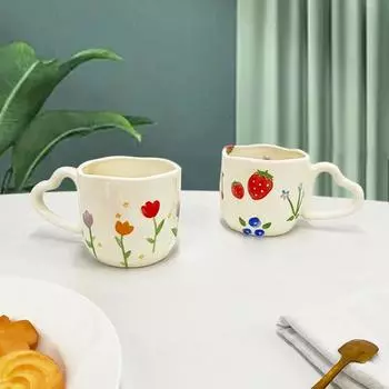 350ml Cute Ceramic Mugs Korean Style Coffee Mug with Love Heart Handle Hand Painted Floral Irregular Breakfast Oatmeal Milk Cups 350ml