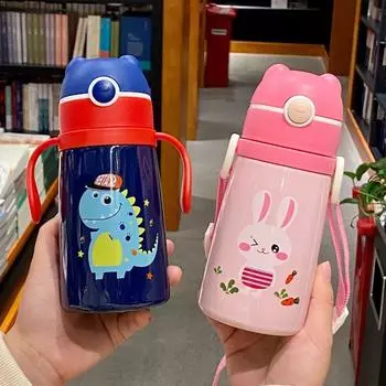 350ml Kids Thermal Flask With Strap Portable Stainless Steel Cartoon Cute Thermal Water Bottle Tumbler 350ml темно-синий