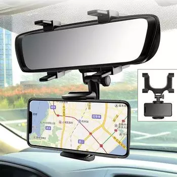 360° Car Mirror Telescopic Smart Phone Holder Mount Mobile Phone Support Stand Car GPS Adjustable CellPhone For iPhone 13 Holder чёрный