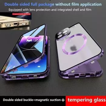 360° полностью закрытый объектив стекло для iPhone 16 15 14 13 12 Pro Max Plus металлический алюминиевый сплав магнитный защитный чехол Magsafe For iPhone 16 Pro Max чёрный
