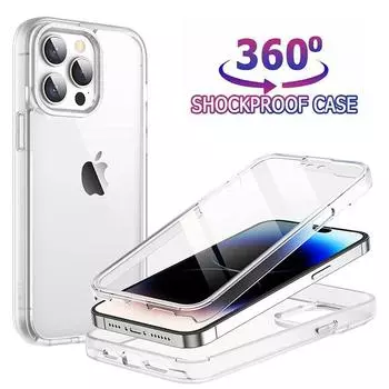 360 противоударный защитный чехол из ПК + ТПУ для iPhone 14 15 Pro Max 13 12 11 X XS XR 7 8 Plus SE 2020 2022 SE2 SE3 Mini двухсторонние чехлы For iPhone 12 Pro Max прозрачный