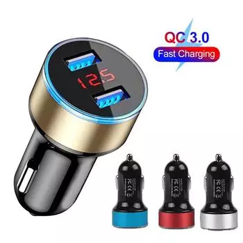 3.1A QC3.0 Автомобильное зарядное устройство с двумя портами USB 12-24 В Светодиодная цифровая розетка Адаптер для быстрой зарядки телефона чёрный