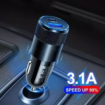 3.1A USB+PD металлическое автомобильное зарядное устройство из алюминиевого сплава Cannon мобильный телефон быстрая зарядка прикуривателя Punch двойной порт USB+type-c amag чёрный