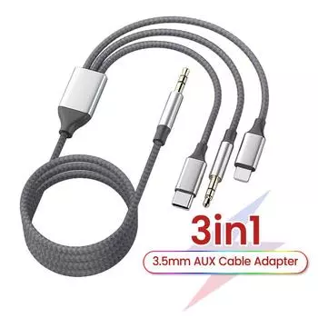 3,5 мм/8Pin/Type C 3in1 3,5 мм Jack Aux кабель для iPhone iPad планшета автомобильный динамик наушников аудиоадаптер для Huawei Samsung Xiaomi 1.2m серый