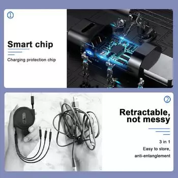 3 in 1 Multi Retractable Charger Cable 3A with TypeC/for IOS/Micro USB Connector 1.1M