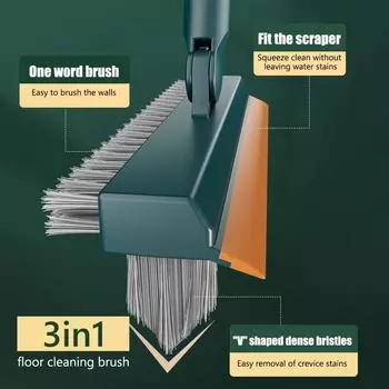 3 In 1Long Handle Floor Brush ground Seam Brush Cleaning Toilet Gap Silicone Scraper 45° Rotating Stiff Bristles Brush 113cm