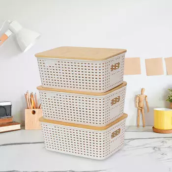 3-Pack Storage Baskets with Bamboo Lids And Handles for Home Use белый