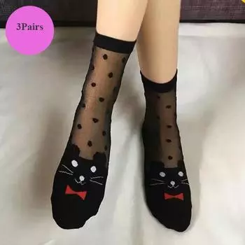 3 пары женских носков с кошачьим принтом, летние кружевные носки из хрустального стекла и шелка, короткие тонкие прозрачные носки с мультяшным жаккардовым узором, эластичные ультратонкие носки One Size